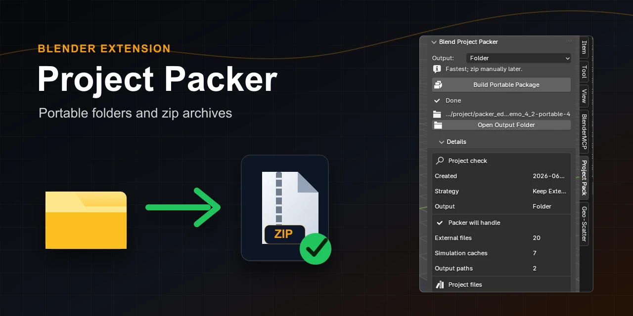 Blender viewport with the Renderjuice Blend Project Packer panel showing a completed portable package and project dependency counts