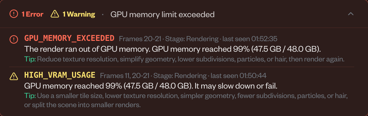 Renderjuice render issue panel showing GPU memory exceeded and high VRAM usage warnings