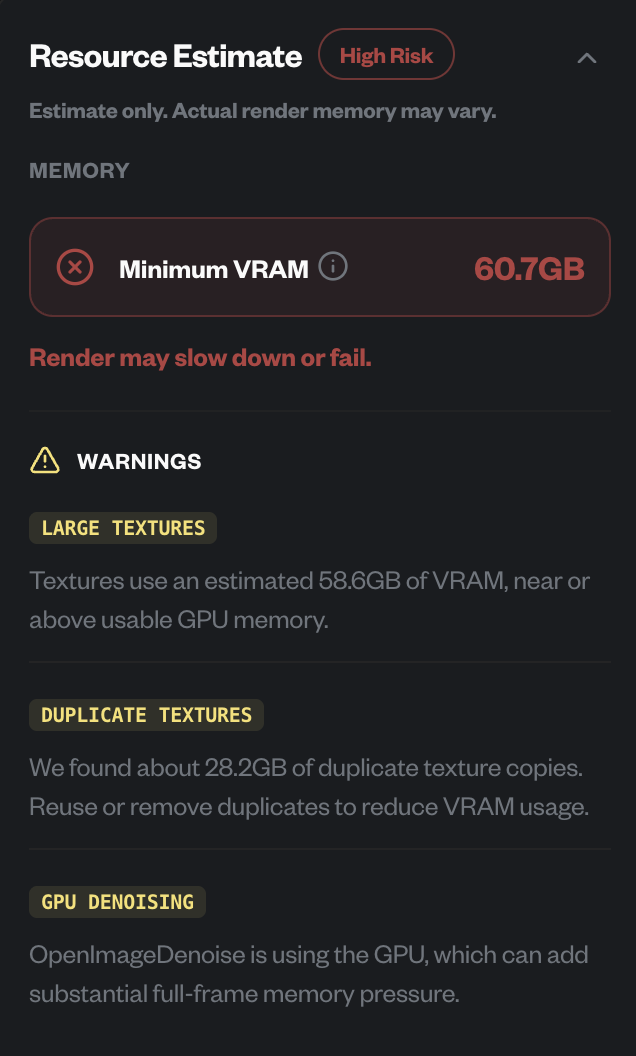 Resource Estimate card showing a VRAM risk level, minimum VRAM, and warnings